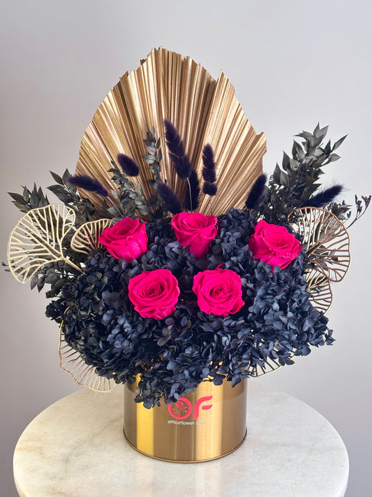 Red & Black Dried Flowers - Gold Vase - Office Flower