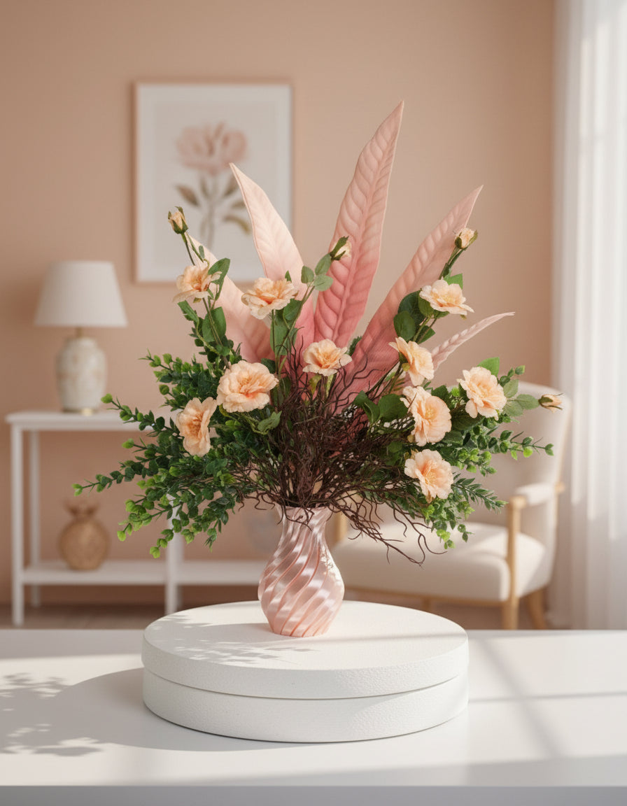 Artificial floral arrangement with peach roses, pink tropical leaves, and lush greenery in a twisted pink spiral vase, displayed on a white pedestal — perfect for elegant or modern interior spaces.