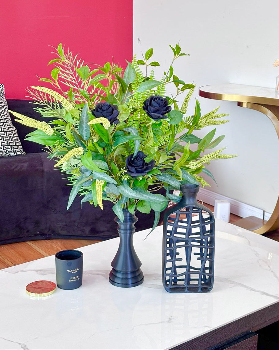 artificial centerpiece arrangementt with black roses in modern vase