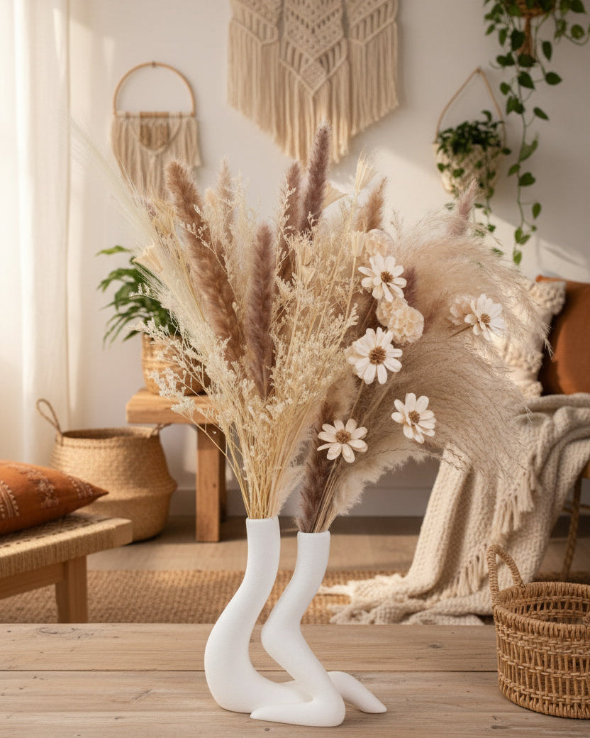 A modern dried floral arrangement featuring pampas grass, bunny tails, preserved foliage, and neutral-toned dried flowers, artistically displayed in a sculptural white ceramic double vase shaped like two flowing figures.