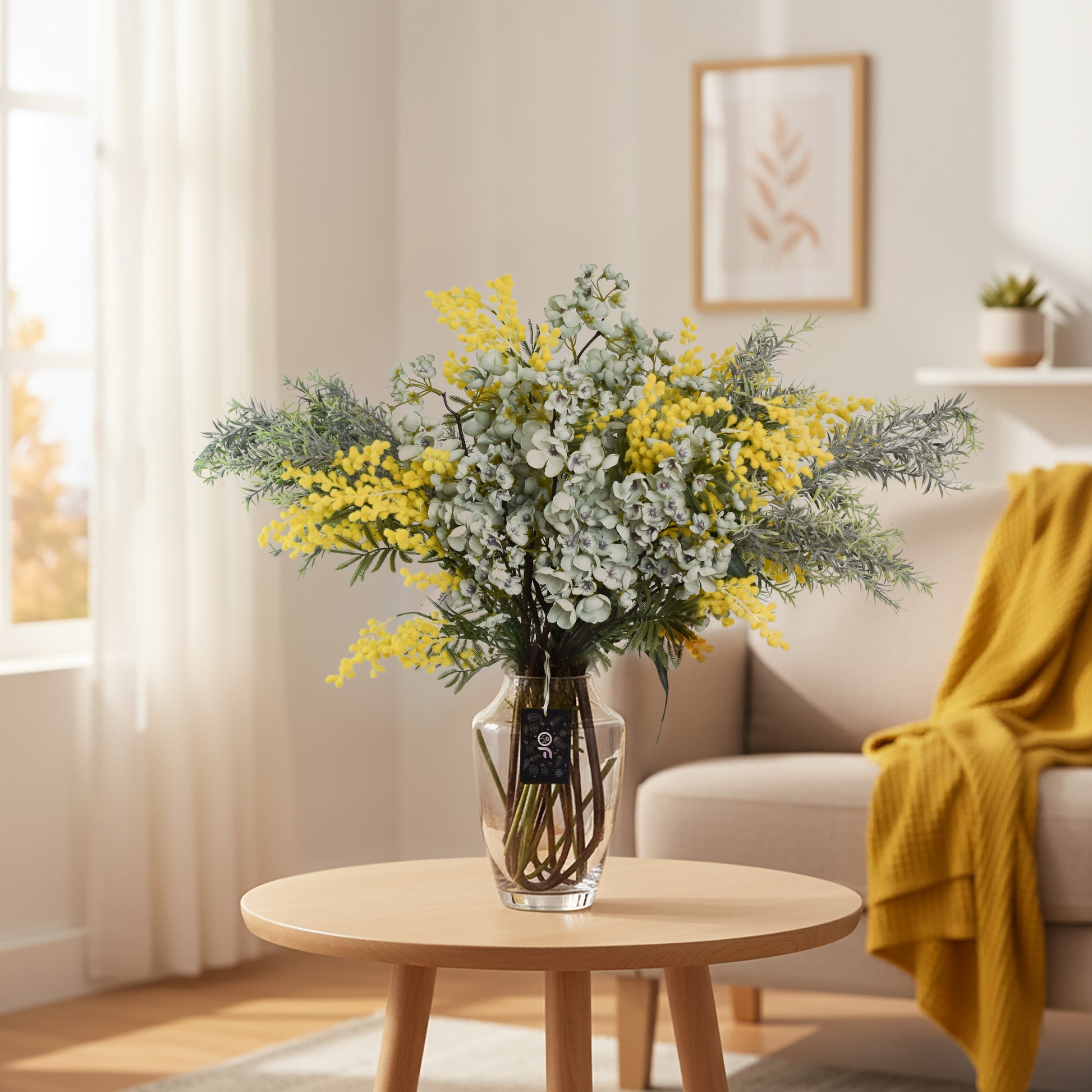 Bouquet of yellow and white flowers in a clear vase on a wooden table in a living room.