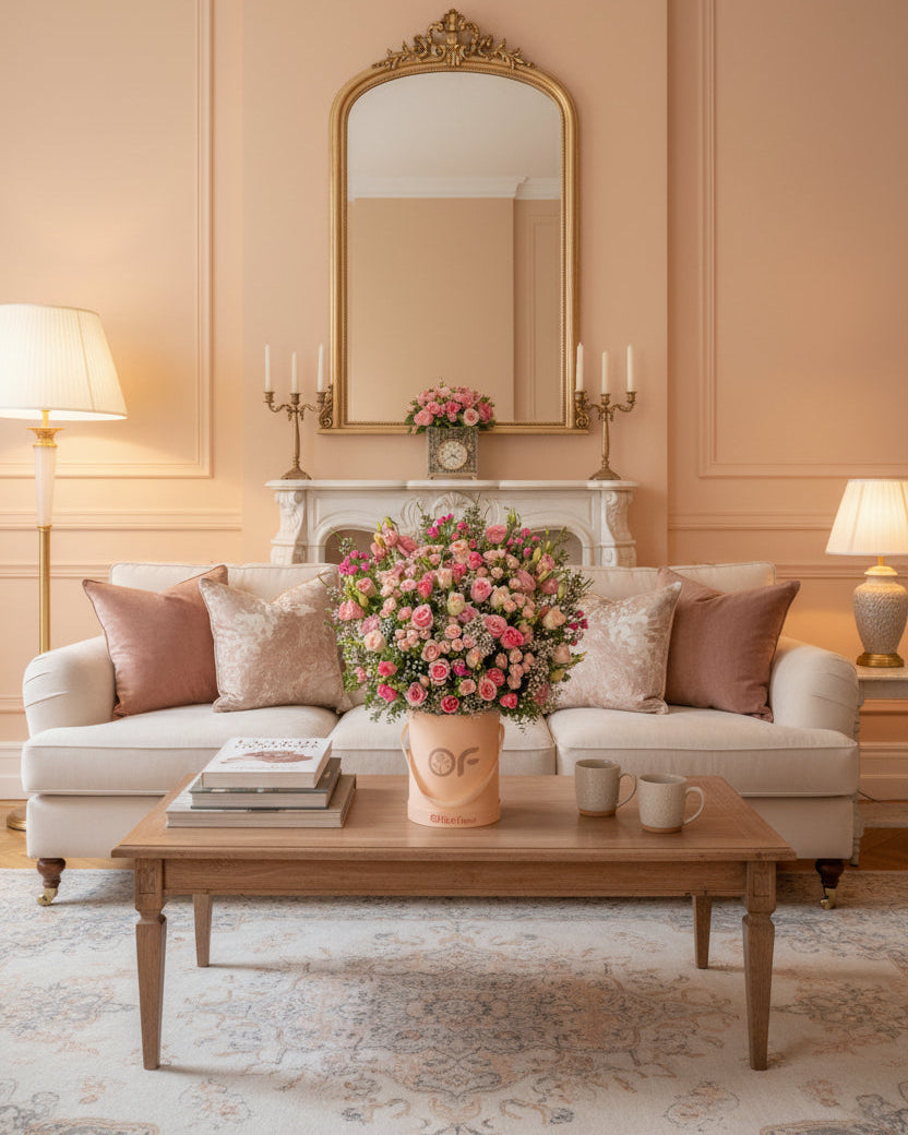 Luxurious pink floral arrangement with mixed roses and greenery displayed in a peach hat box