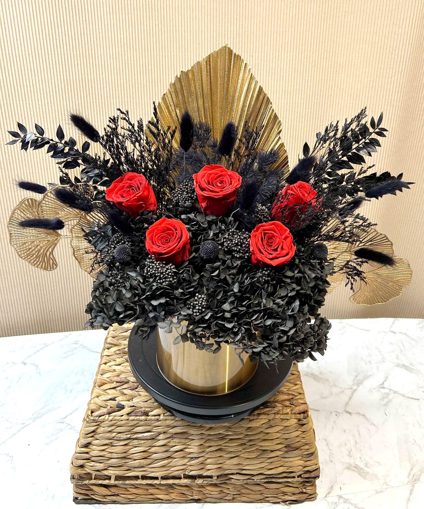 Red & Black Dried Flowers - Gold Vase - Office Flower