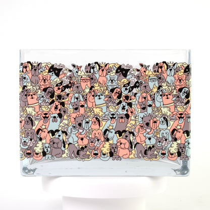 Clear glass vase with a colourful cartoon dog pattern in coral, teal, grey, and beige tones — size 20x10x15 cmH.