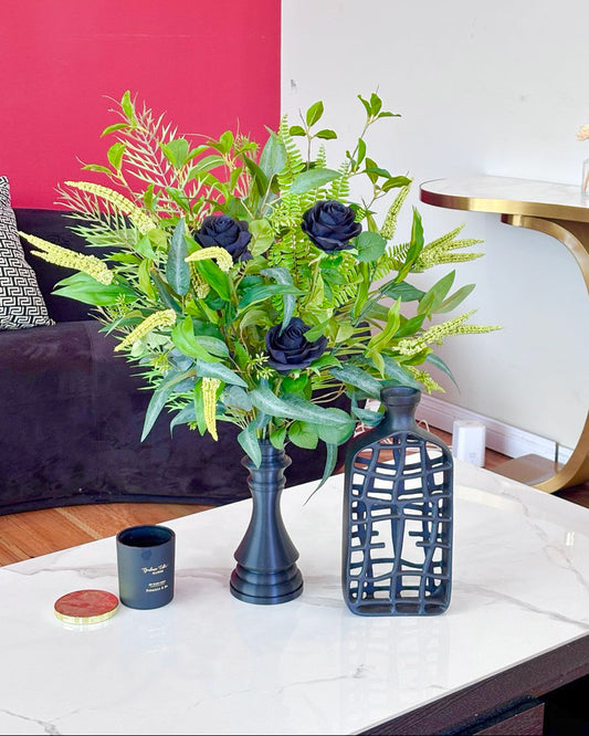 artificial centerpiece arrangementt with black roses in modern black vase