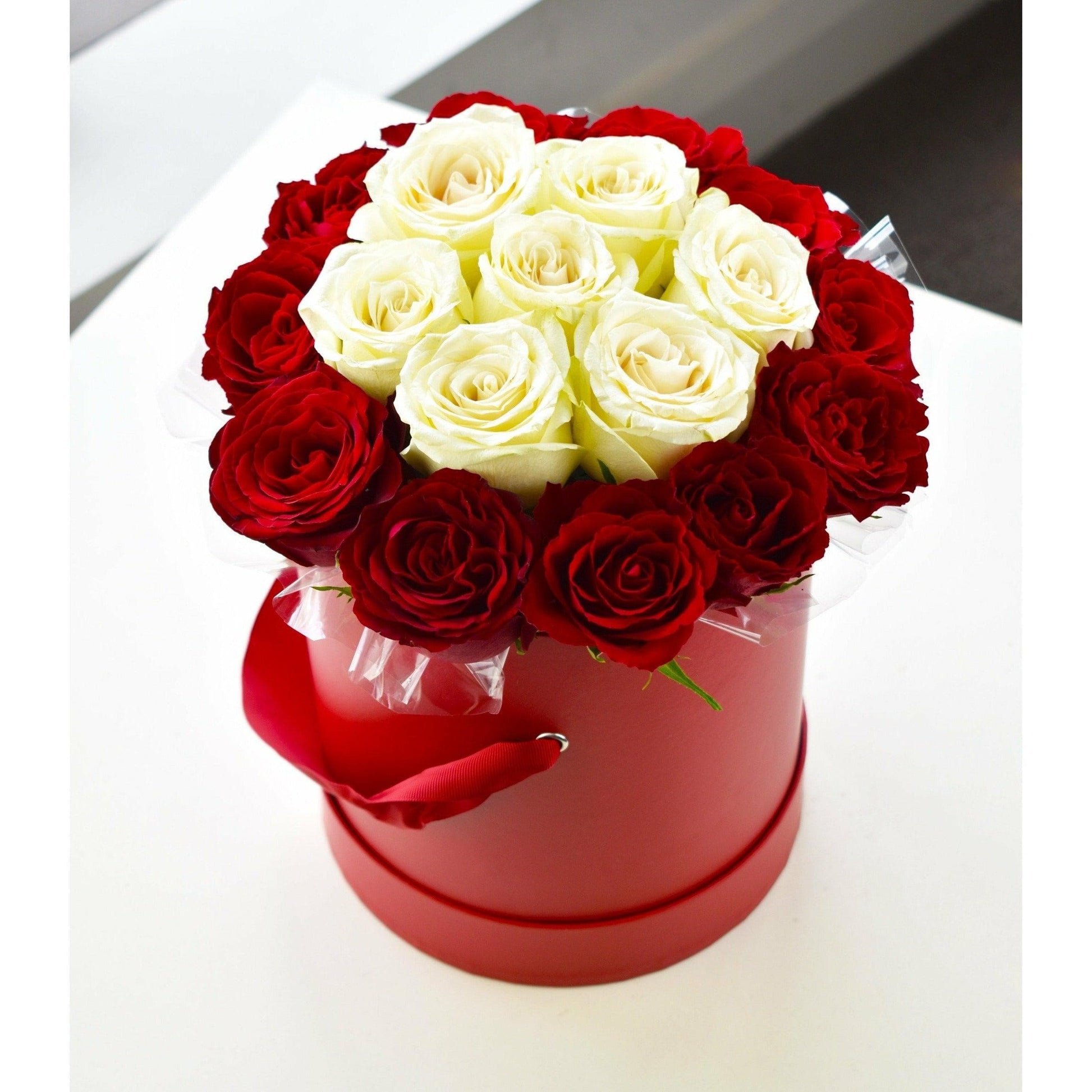 red and white rose box, box flowers and arrangment  - Officeflower